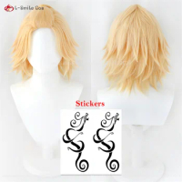 Anime Young Manjiro Sano Cosplay Wig Golden Short Mikey Anime Cosplay Wig With Tattoo Stickers Heat Resistant Hair + Wig Cap
