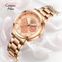 Cristiano Aillen Jam Tangan Wanita Arloji Analog 8906 Rantai Stainless Steel Chronograph Kaca Waterp