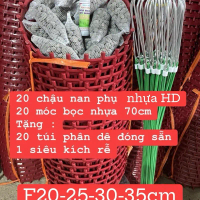 20 Chậu Nan phụ trồng lan + 20 móc bọc nhựa 70cm + 20 lưới lót chậu + 20 túi phân dê - nhựa HD bóng 