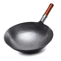 12.5inch Carbon Steel Wok, Profession Chinese Traditional Hand Hammered Carbon Steel Pow Wok with Wooden Handle and Steel Helper
