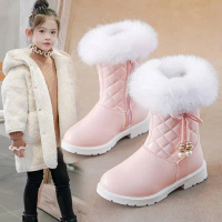 Princess Warm Shoes for Winter Kids Long Fur 2025 New Fashion Sweet Girls Leather Snow Boots with Bo