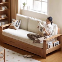 【Taoshop 淘家舖】W - 日式全實木沙發床可折疊兩用沙發多功能小戶型橡木儲物伸縮床W2039-12161m(米白色)