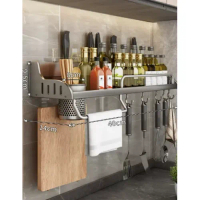 廚房筷子刀架調料用品收納掛架(40單杯3刀槽6掛鈎-槍灰色)(尺寸:40*14*9.5*8CM)