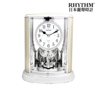 【RHYTHM 麗聲】典雅水晶旋轉擺錘居家裝飾藝術座鐘(雅緻雪地銀)