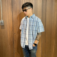 美國百分百【全新真品】Timberland 格紋 短袖襯衫 條紋 上衣 TIM 男 藍格紋 S號 C190