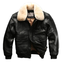 Avirex fly air force flight jacket fur collar genuine leather jacket men black sheepskin coat winter bomber jacket male