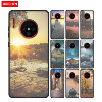 JURCHEN Silicone Phone Case For Huawei Mate 30 Fashion Flower Landscape Printing Matte Soft Back Cover For Huawei Mate30 Pro