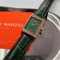 CampoMarzio20mm, 26mm方形玫瑰金精鋼錶殼墨綠色錶盤真皮皮革綠錶帶款CMW0011