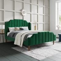 Wooden king size bed frame with modern curved velvet wing back headboard/heavy-duty platform bed with sturdy wooden supportgreen