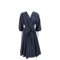Max Mara-WEEKEND NEGOZI 深藍色交叉領一片式打摺連身裙 洋裝(附綁帶)