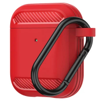 Carbon Fiber Earphone Cases for Apple AirPods 2 1 Cute Case Soft TPU Shell Shockproof Cover with Keychain,Red
