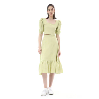 Hamlin Nayra One Set Setelan Wanita Blouse Ruffle Lengan Pendek Midi Skirt Material Linen ORIGINAL -