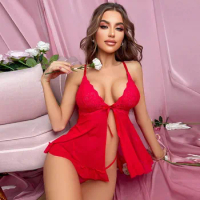 Perspective Sexy Babydoll Lingerie Erotic Pajama Dress Mesh Bow Lace Sleepwear Set for Women