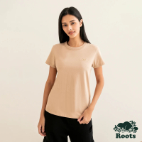 【Roots】Roots女裝-舒適生活系列 刺繡海狸LOGO有機棉短袖T恤(淺咖啡褐色)