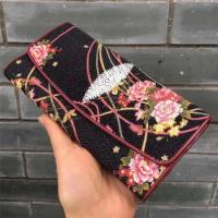 Peony Flower Authentic Stingray Leather Lady Large Card Purse Genuine Skate Skin Women's Phone Holder Female Long Clutch Wallet