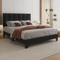 Queen Bed Frame with Headboard Linen Upholstered Bed Frame with Wood Slats Support,No Boxing Needed Dark Grey Bed Bases