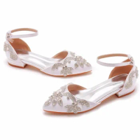 Sexy Ankle Strap Sandals Women Party Rhinestone PU 2CM Square Heel Buckle Strap Bridal Wedding Shoes Dress Women's Shoes White