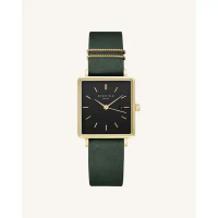 【Rosefield】The Boxy-金色方殼霧黑色面飾環森林綠色皮帶腕錶