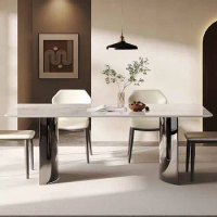Rectangular stainless steel imitation luxury stone dining table, small unit marble dining table and chair combination