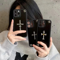 Sarung Telefon DIY, Reka Bentuk Salib Hati Chrome Bergaya, Kulit Lembut, Perak, Serasi dengan iPhone