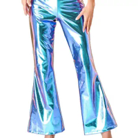 Women's Shiny Metallic High Waist Flare Leg Pants Bell Bottom Disco Rave Dance Yoga Trousers Flared Disco Pants Long Pants Club