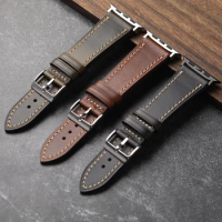 Hand sewn oil wax watch strap 44 45 49 compatible with Apple Watch S9 7 8 Ultra vintage leather watchband