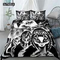 Alien UFO Duvet Cover Queen Boys Kids Supernatural Martiansal Beings From Other Planets Head of An Alien Polyester Qulit Cover