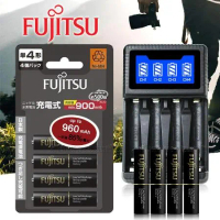 日本 Fujitsu 低自放電4號900mAh充電電池組(4號4入+四槽USB充電器+送電池盒)