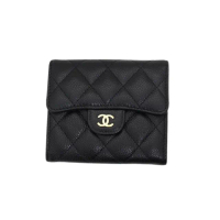 【CHANEL 香奈兒】經典CF 金色雙C LOGO 黑色 小牛皮 三摺短夾 錢包(經典小香短夾)