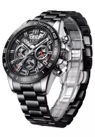 LIGE LIGE 計時碼表中性不銹鋼石英手錶，45 毫米，黑色表圈，鋼製錶鍊上的鏤空錶盤