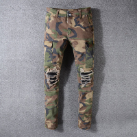 American Streetwear Fashion Men Jeans Camouflage Military Big Pocket Denim Cargo Pants Ripped Jeans Slim Fit Hip Hop Jeans Men#L0106