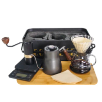 Outdoor Travel Camping Pour Over Coffee Set with Coffee Kettle Grinder Dripper Server Pot Filter Paper Cup Metal Gift Box Black