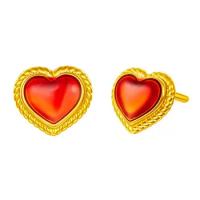 Pure 999 24K Yellow Gold Red Heart Stud Earrings Vintage Earrings