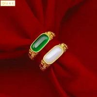 Natural Hetian Jade Men's and Women's Fashion Pure Copy Real 18k Yellow Gold 999 24k Green Chalcedony Ring Adjustable Gift Never
