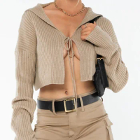 Women Knit Cardigan, Long Sleeve Tie-up Solid Color Fall Ladies Crop Top Streetwear Sailer Knit Sweater