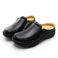 【GEORGE 喬治皮鞋】舒適系列 手縫真皮厚底氣墊拖鞋-黑018012AE-10