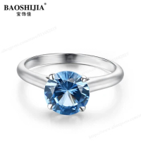 BAOSHIJIA 3.0gram Solid 14K White Gold Gemstone Ring 1.9carat Blue Topaz Round Shape 8mm Elegant Simple Style Valentine's Day