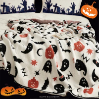 YIRUIO Cute Halloween Decoration Gift Knitted Blanket Pumpkin Ghost Witch Imp Bat Jacquard Downy Furry Hallowmas Throw Blankets