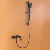 Whale Bathroom Simple Shower Hand Spray Head Black All Copper Mixing Valve with Lifting Rod Bathtub Faucet Set