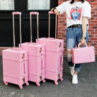 LEINASEN High quality girl PU leather trolley luggage bag set,lovely full pink vintage suitcase for female,retro luggage gift