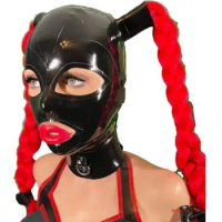 Black Latex Hood with Pigtails Rubber Fetish Mask Two Braid Wigs Latex Headgear