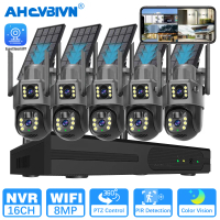 Dual Lens 4K Solar Power Battery Charged Wifi PTZ IP Camera Kit 8MP 16CH Wireless NVR Kit Auto Track