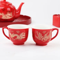 Marriage Services Tea Cup Set, Dragon and Phoenix Couples Mug, Chinese Red Ceramic Teaware, Wedding Gift Porcelain, Small 120ml