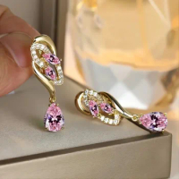 CAOSHI Trendy Gold Color Bright Pink Zirconia Earrings Graceful Pendant Jewelry for Women Sweet Lady Wedding Party Accessories