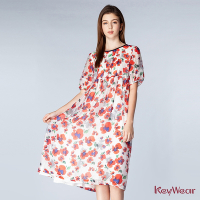 KeyWear奇威名品    立體印花公主袖設計短袖洋裝-綜合色