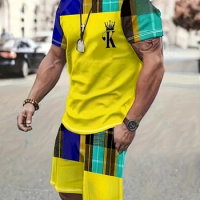 Men's Stylish 2-Piece Summer Set - Vibrant Checkered Crew Neck T-Shirt &amp; Shorts - Ideal for Outdoor Fun