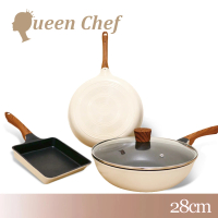 Queen Chef 韓國Light Plus 鈦合金鑄造不沾鍋三鍋 28CM 4件組(炒鍋+平底鍋+蓋+玉子燒)