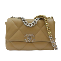 【二手名牌BRAND OFF】CHANEL 香奈兒 棕色 羊皮 菱格紋 CHANEL 19 兩用包