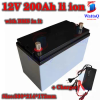 waterproof 12v 200Ah lithium ion battery 200Ah li ion with BMS for RV UPS inverter solar stem power supply cart + 10A Charger