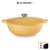【Le Creuset】琺瑯鑄鐵鍋媽咪鍋 28cm(蜂蜜黃-鋼頭-內鍋黑)